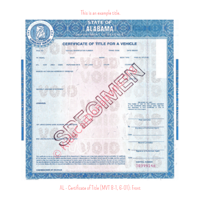 Alabama Certificate of Title (MVT 8-1, 6-01): Front | Kids Car Donations